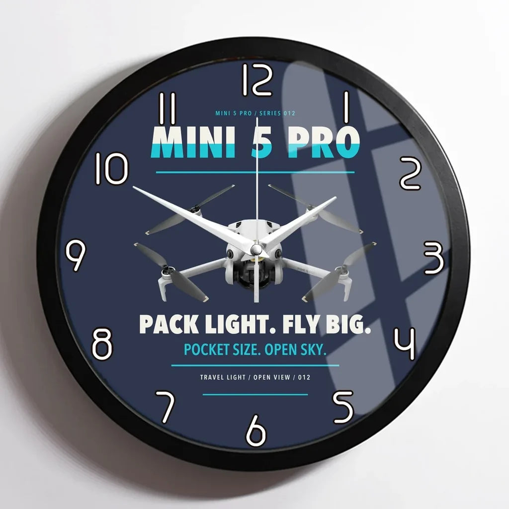 DJI Mini 5 Pro design on navy blue framed wall clock