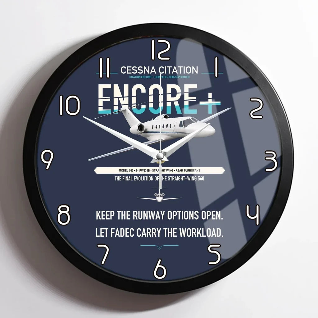 Cessna Citation Encore+ design on navy blue framed wall clock