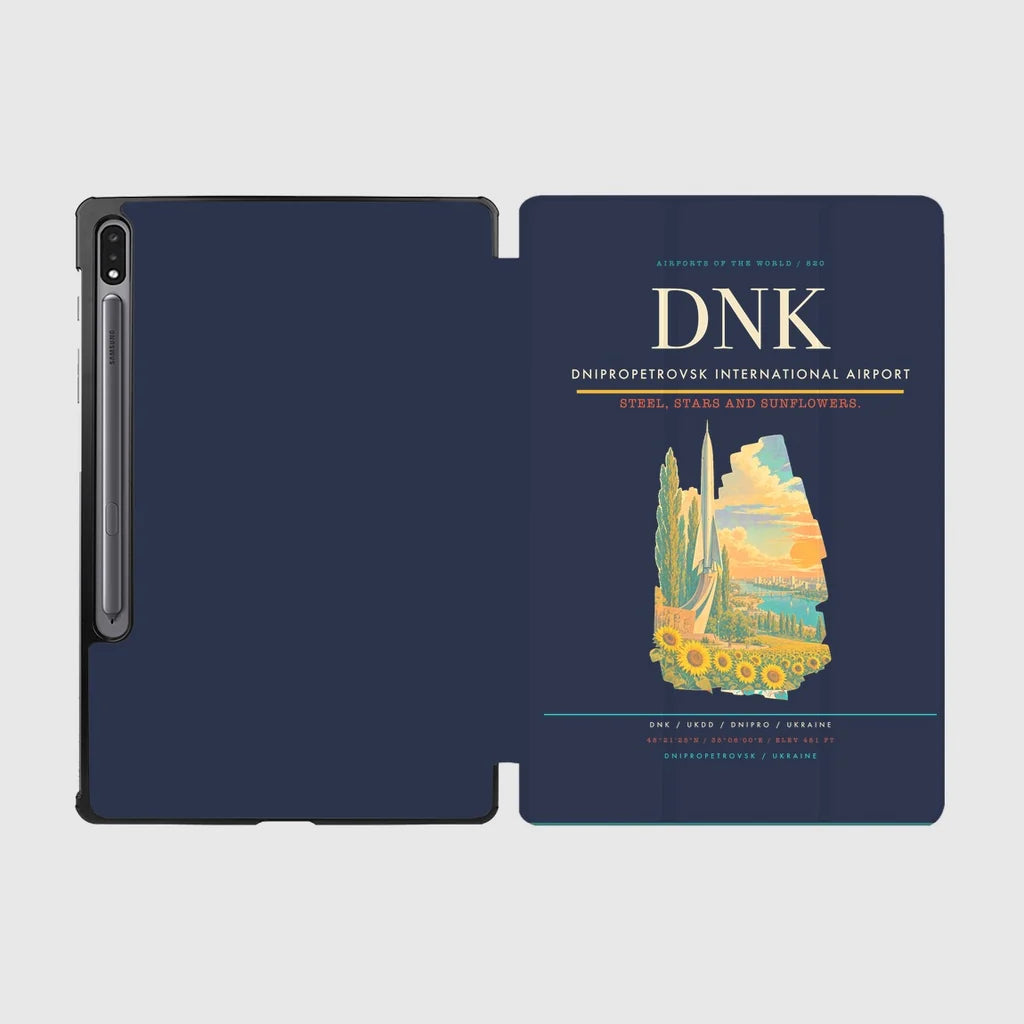 Dnipropetrovsk International Airport (DNK) design on navy blue samsung tablet tablet case