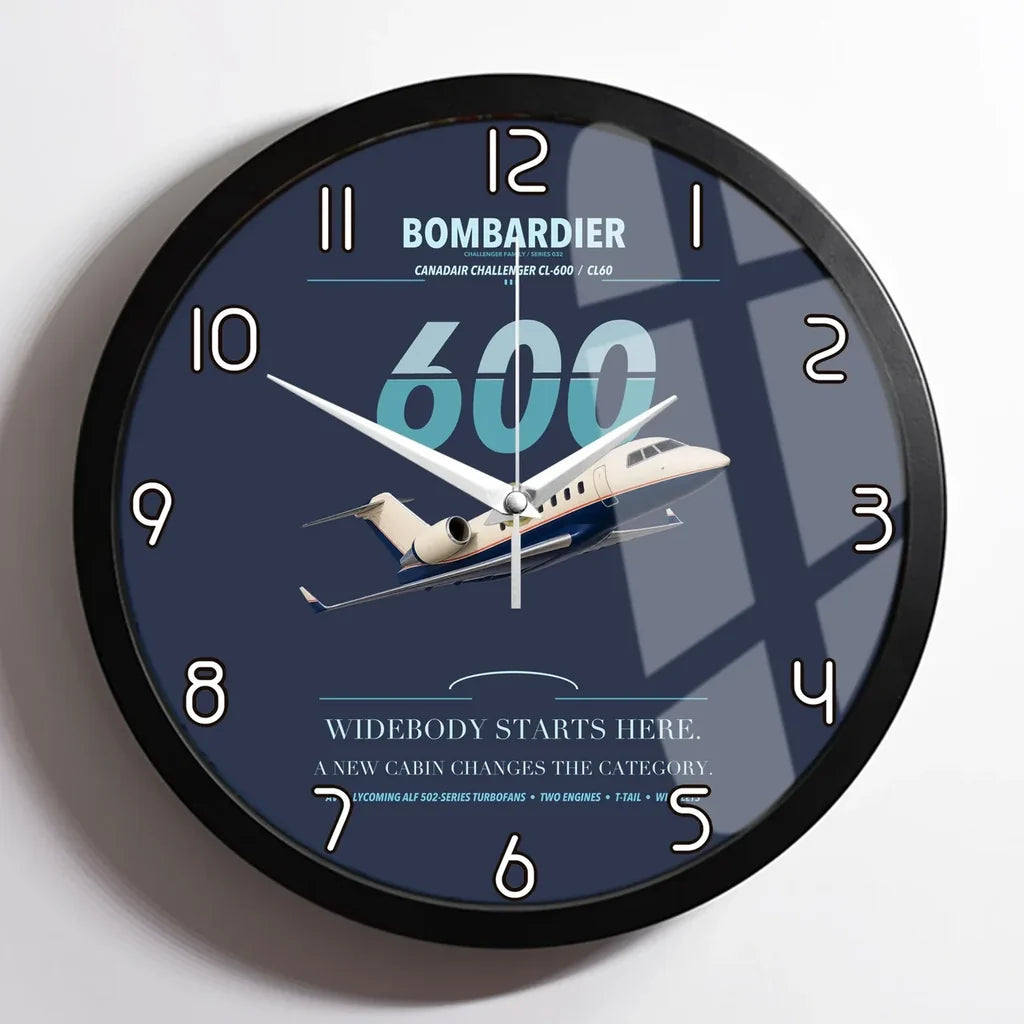 Bombardier Challenger 600 design on navy blue framed wall clock