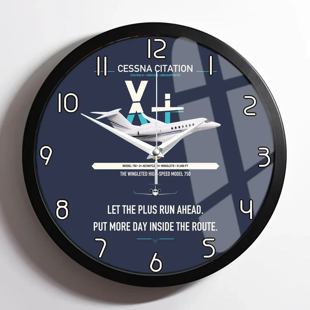 Cessna Citation X+ design on navy blue framed wall clock