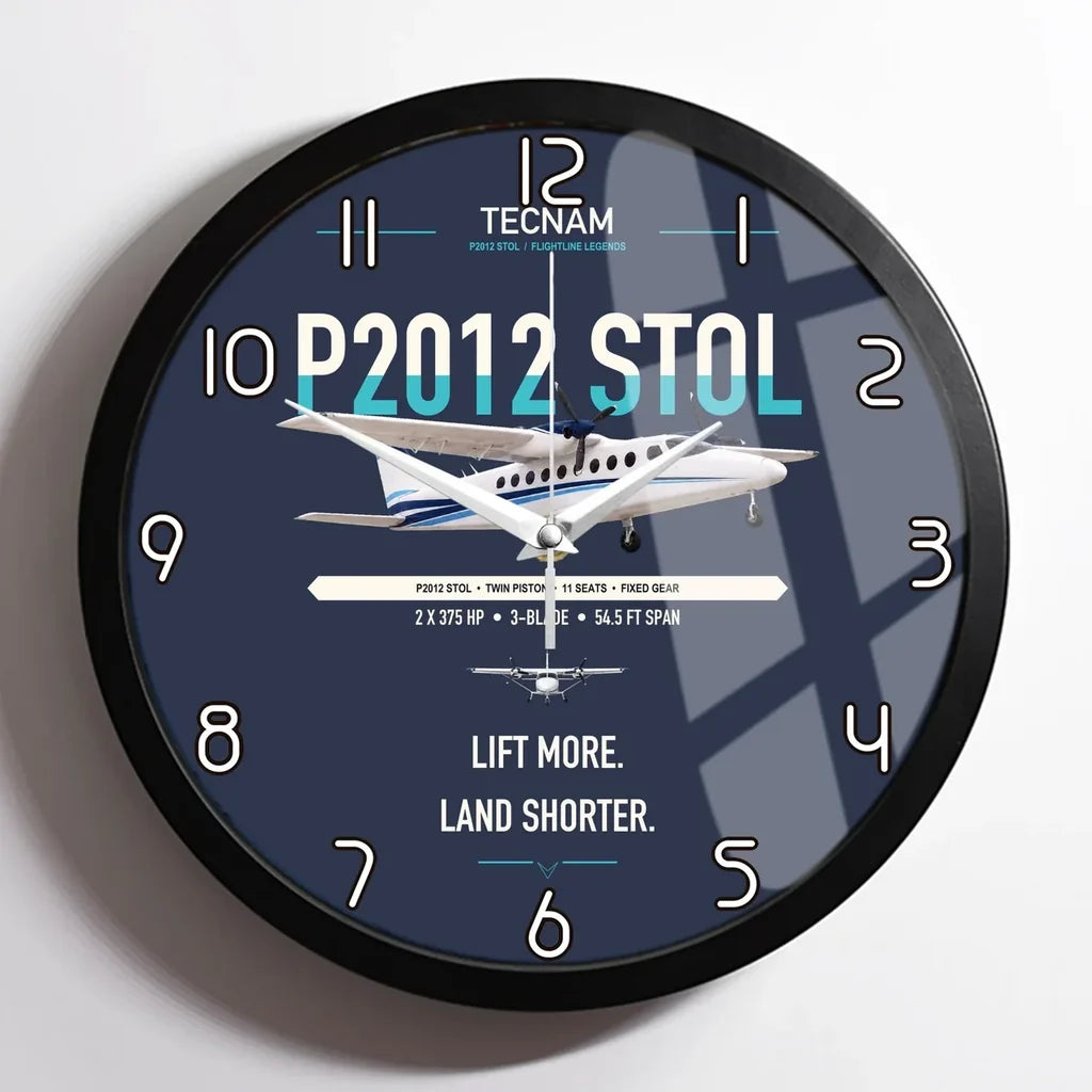 Tecnam P2012 STOL design on navy blue framed wall clock