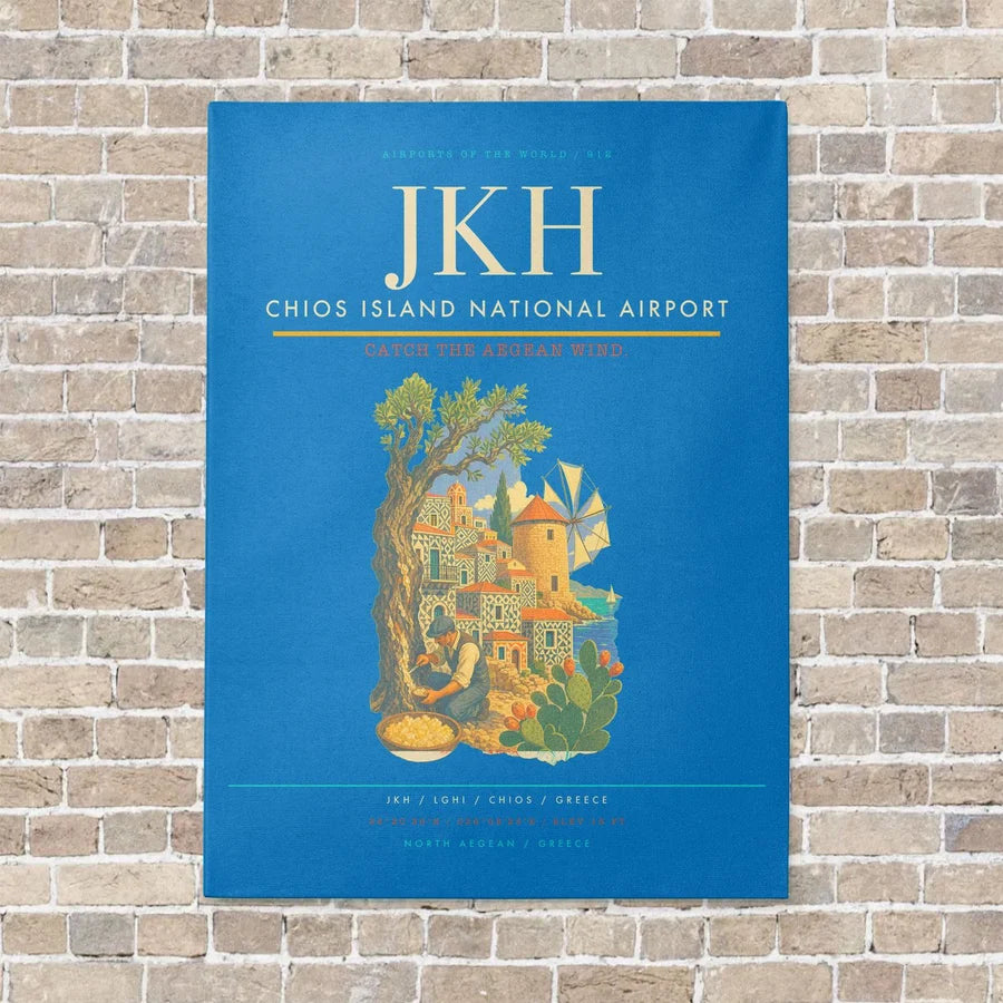 Chios Island National Airport JKH vertical canvas print - no frame - turquoise background
