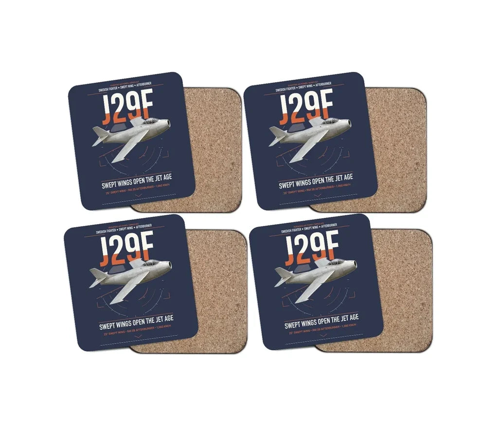 Saab J 29F Tunnan design on navy blue 4 pieces set coaster