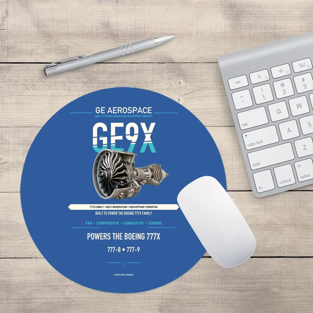 GE9X design on blue round mouse pad
