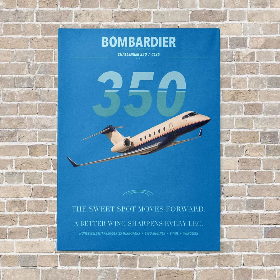 Bombardier Challenger 350 vertical canvas print - no frame - turquoise background