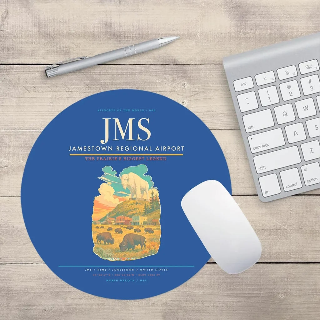 Jamestown Regional Airport (JMS) design on blue round mouse pad