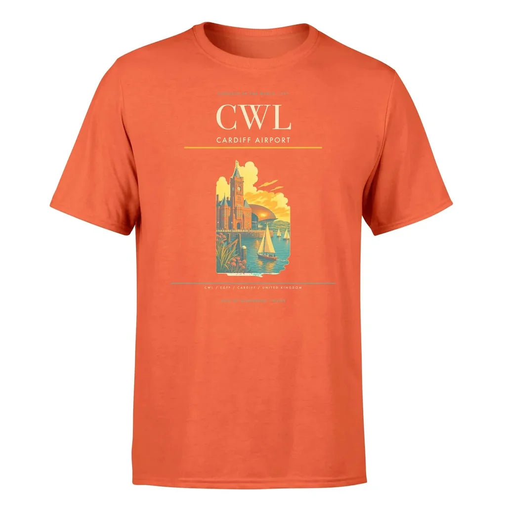Cardiff Airport (CWL) T-Shirt single-side front print in Orange | cardiff-airport-cwl-double-side-t-shirt