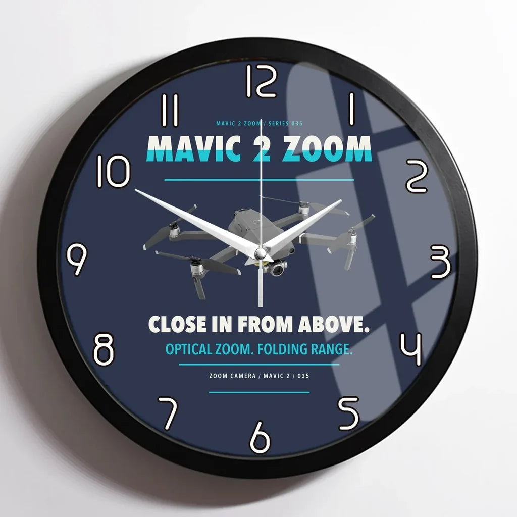 DJI Mavic 2 Zoom design on navy blue framed wall clock