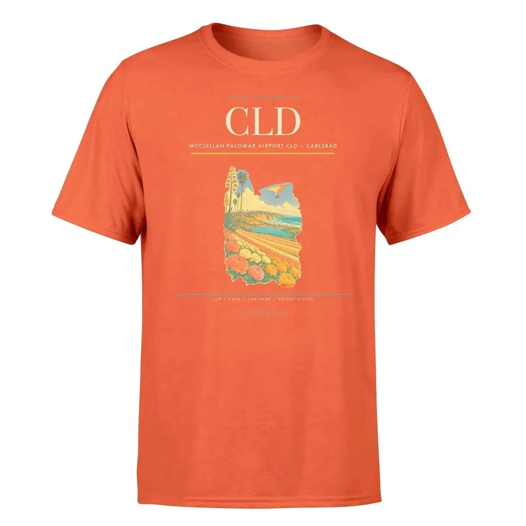 McClellan-Palomar Airport (CLD) T-Shirt single-side front print in Orange | mcclellan-palomar-airport-cld-double-side-t-shirt