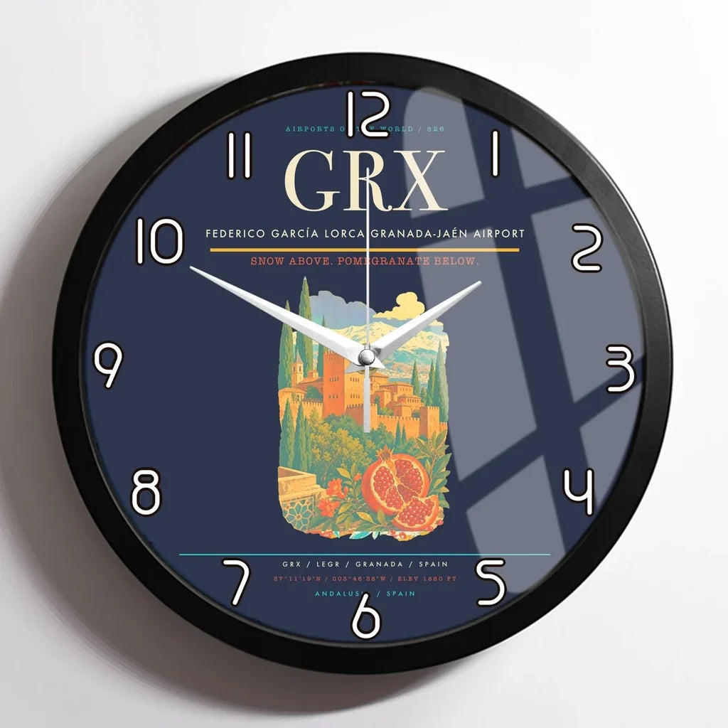 Federico García Lorca Granada-Jaén Airport (GRX) design on navy blue framed wall clock