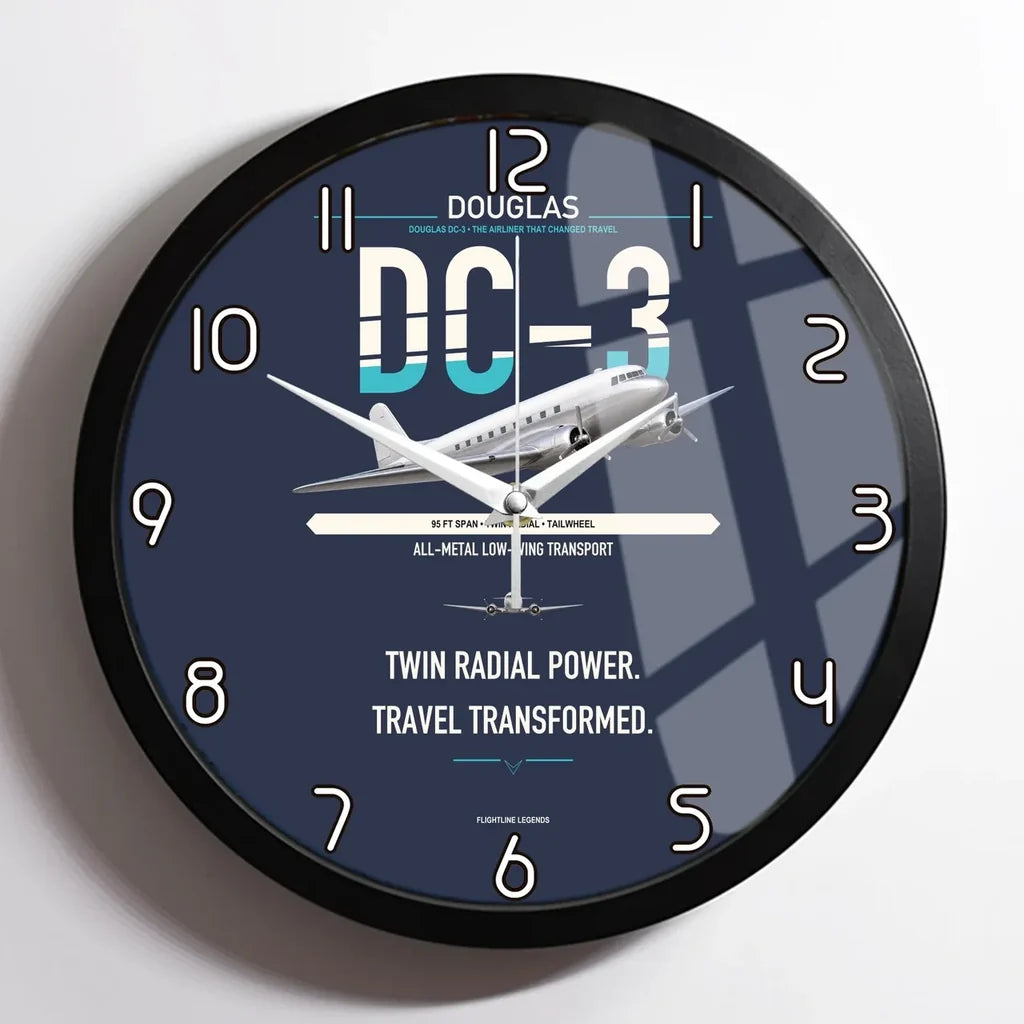 Douglas DC-3 design on navy blue framed wall clock