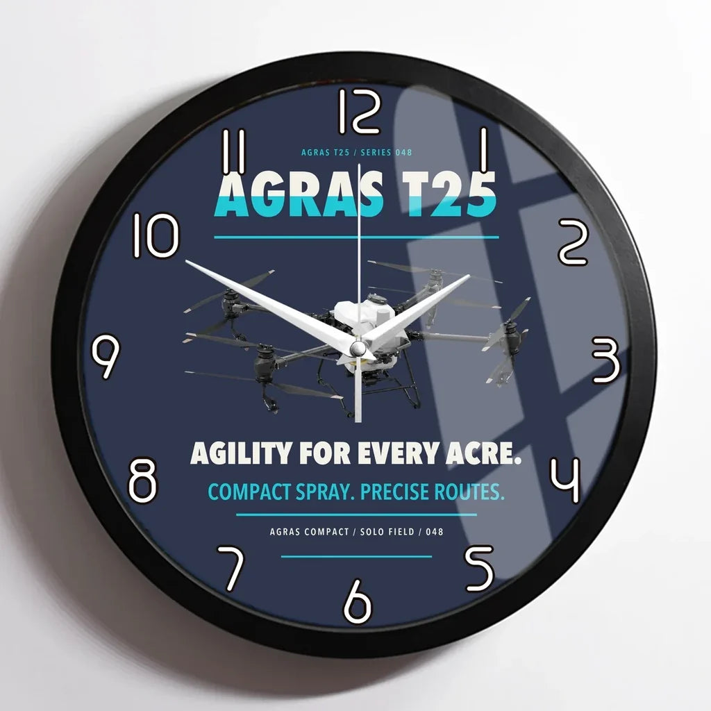 DJI Agras T25 design on navy blue framed wall clock