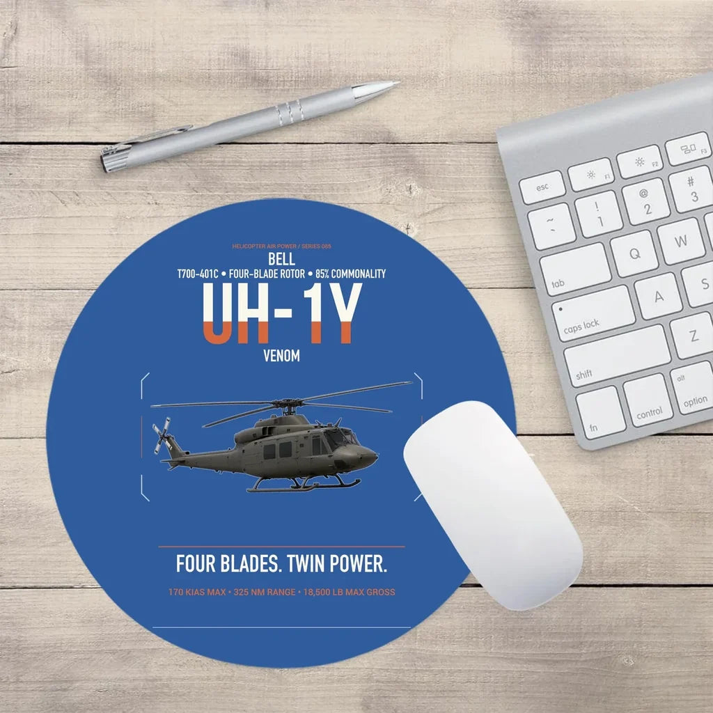 Bell UH-1Y Venom design on blue round mouse pad