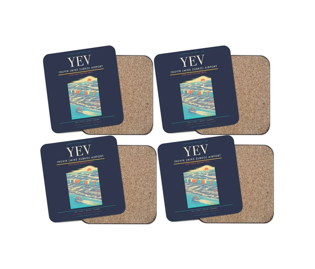 Inuvik (Mike Zubko) Airport (YEV) design on navy blue 4 pieces set coaster
