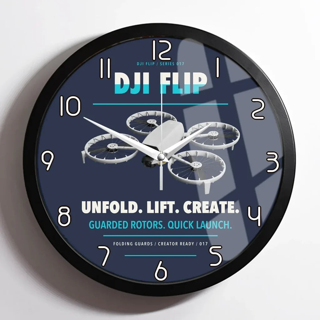 DJI Flip design on navy blue framed wall clock