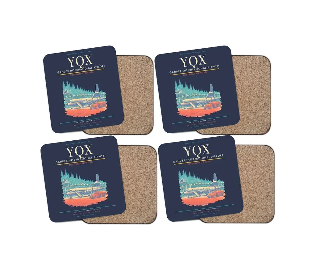 Gander International Airport (YQX) design on navy blue 4 pieces set coaster