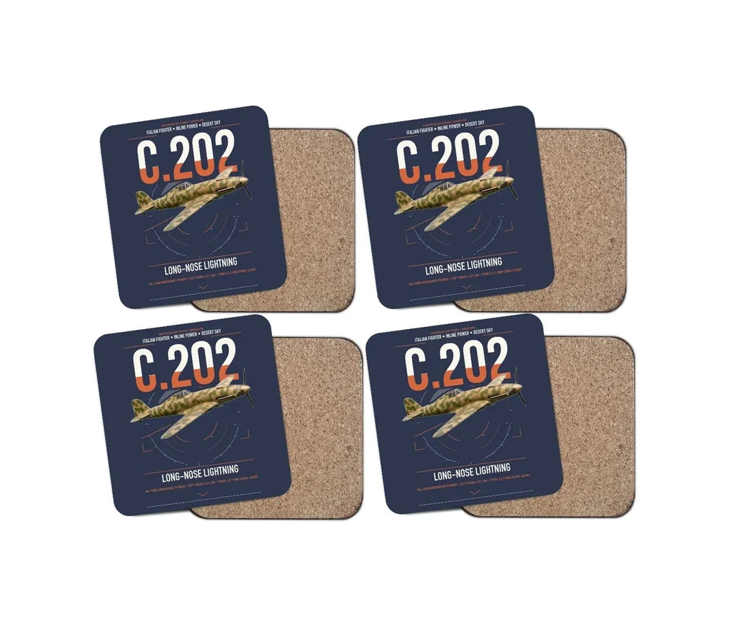 Macchi C.202 Folgore design on navy blue 4 pieces set coaster