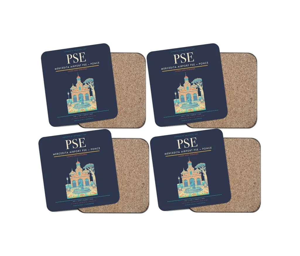 Mercedita Airport (PSE) design on navy blue 4 pieces set coaster