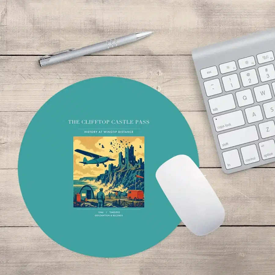 VINTAGE G4447 - The Clifftop Castle Pass - Designed Mouse Pads design on turquoise round