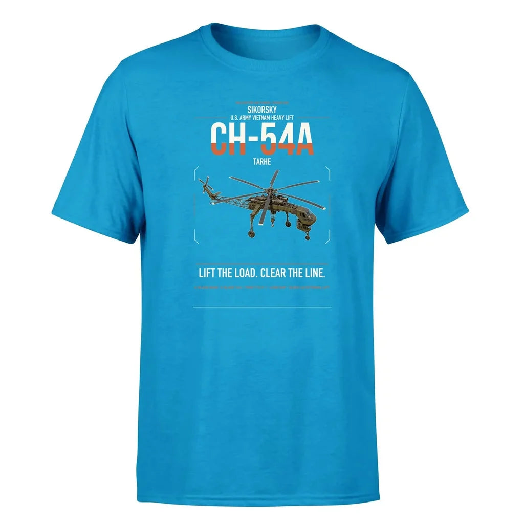 Sikorsky CH-54A Tarhe design on turquoise t-shirt, single-side print