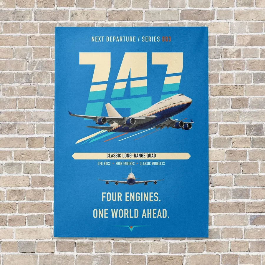 Boeing 747-400 vertical canvas print - no frame - turquoise background