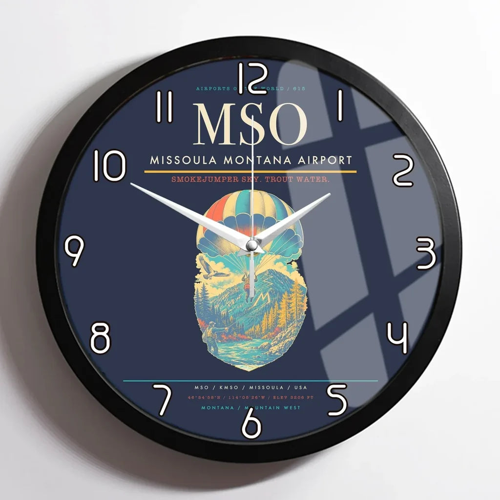 Missoula Montana Airport (MSO) design on navy blue framed wall clock
