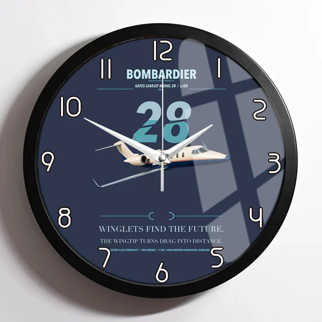 Bombardier Learjet 28 design on navy blue framed wall clock