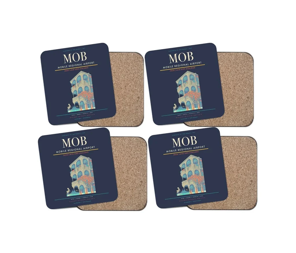 Mobile Regional Airport (MOB) design on navy blue 4 pieces set coaster