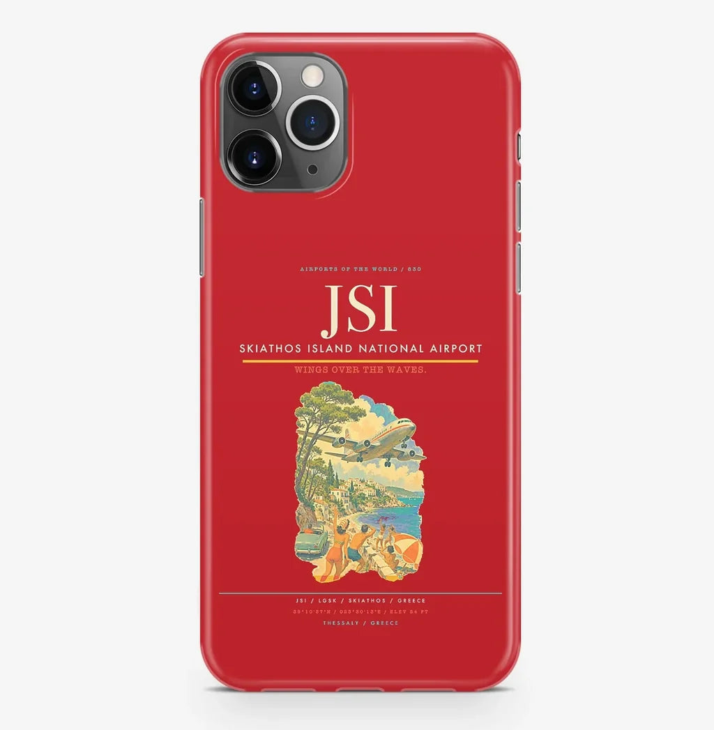 Skiathos Airport (JSI) design on red iPhone 16 Pro MagSafe case