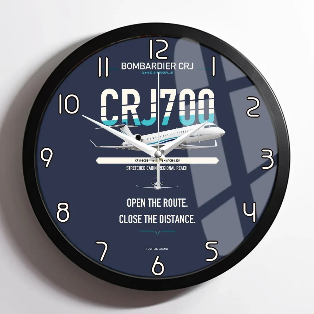 Bombardier CRJ700 design on navy blue framed wall clock