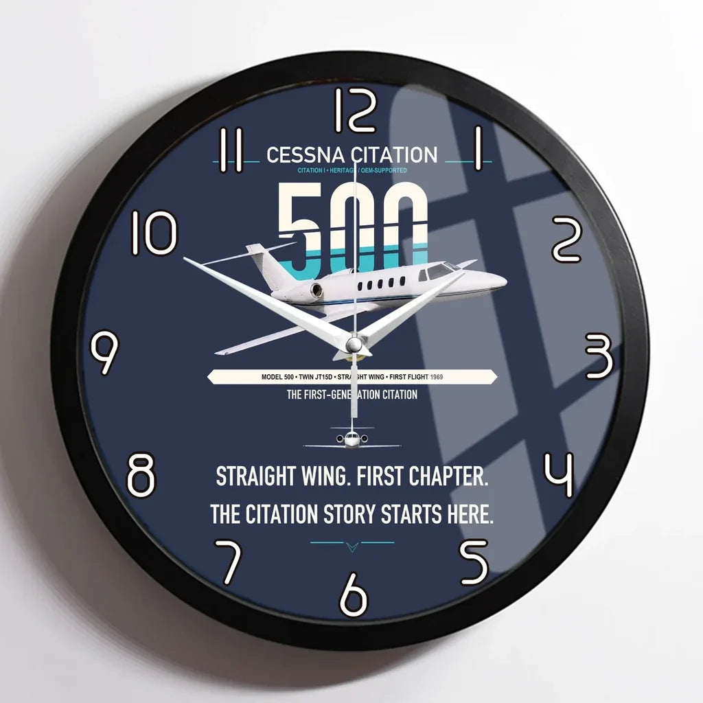 Cessna Citation 500 - Citation I design on navy blue framed wall clock