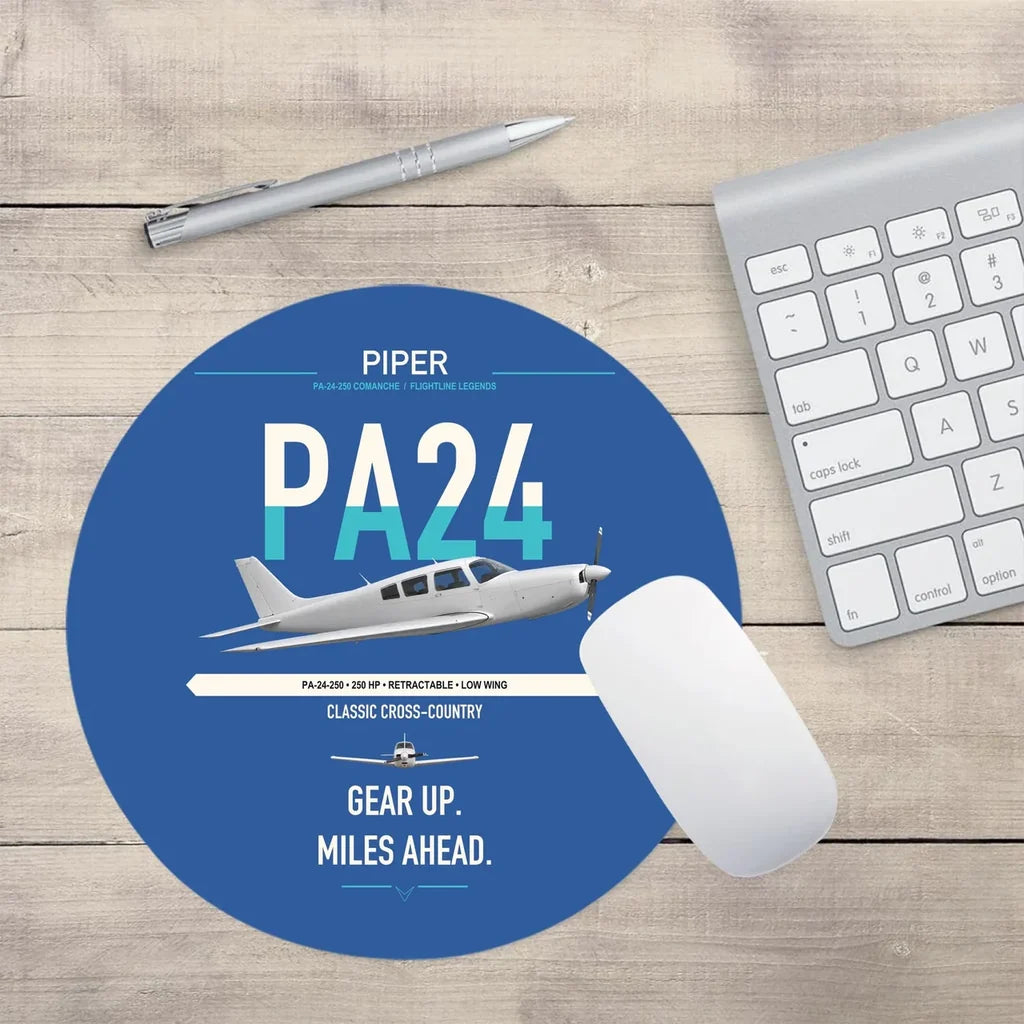 Piper PA-24-250 Comanche 250 design on blue round mouse pad