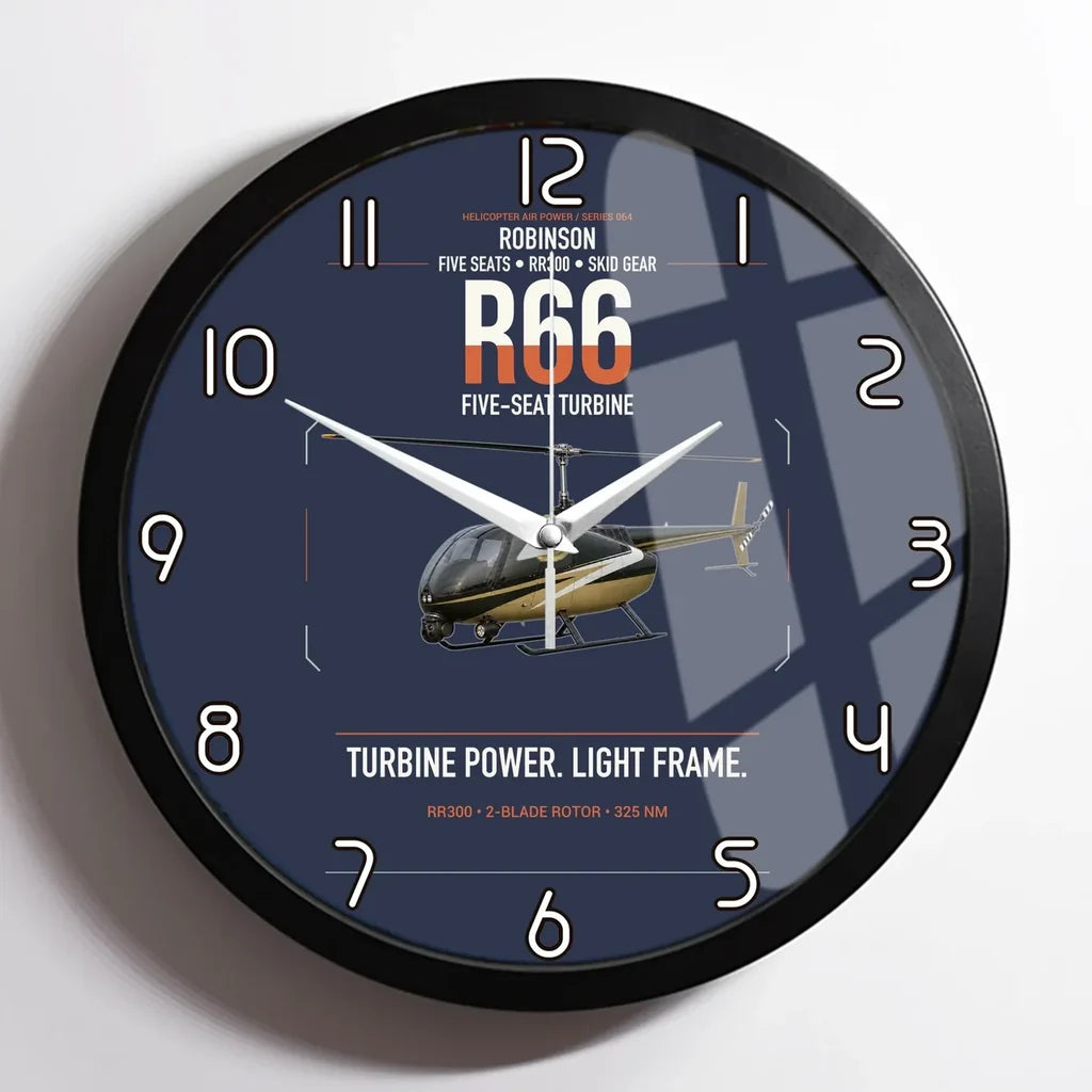 Robinson R66 design on navy blue framed wall clock