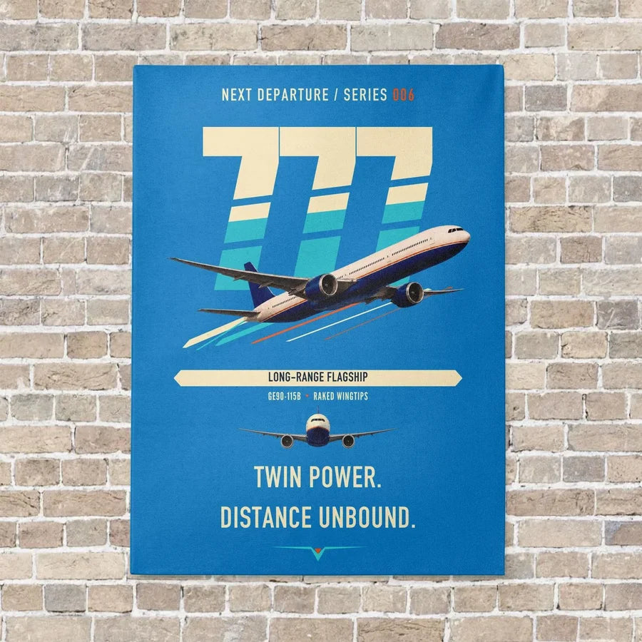 Boeing 777-300ER vertical canvas print - no frame - turquoise background