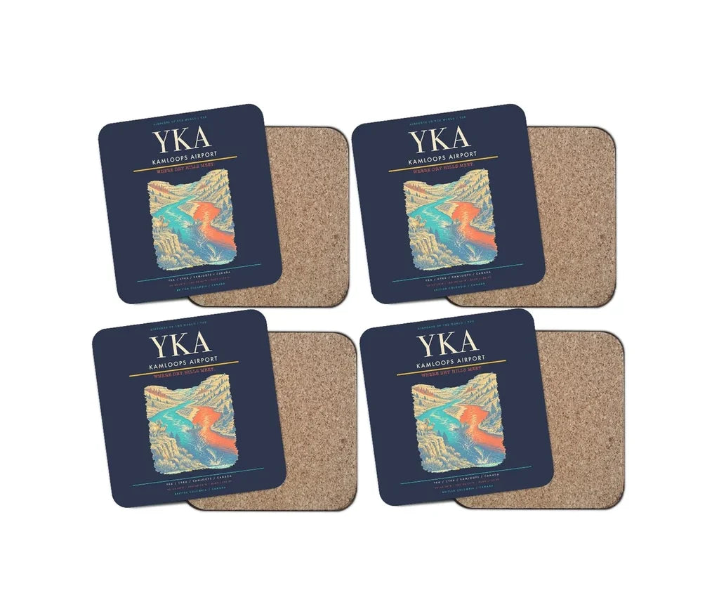 Kamloops Airport (YKA) design on navy blue 4 pieces set coaster