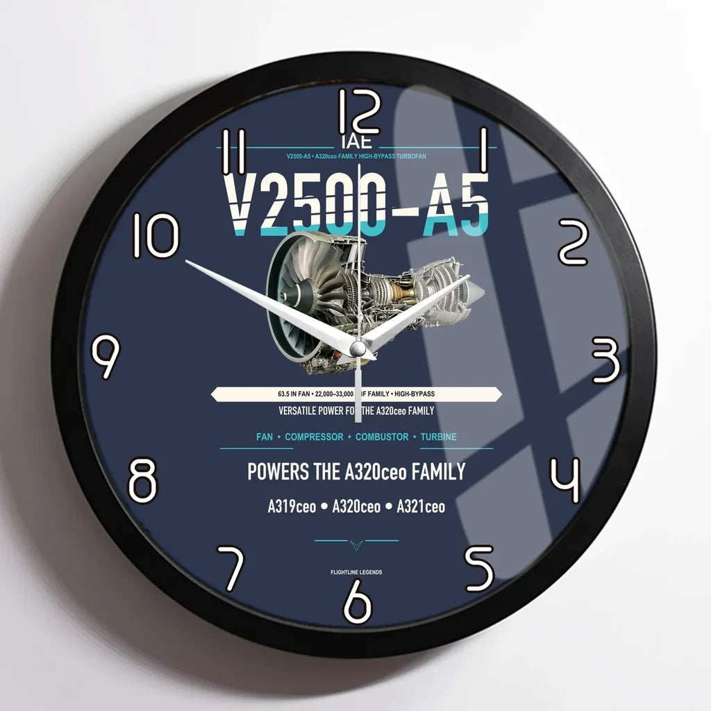 V2500-A5 design on navy blue framed wall clock