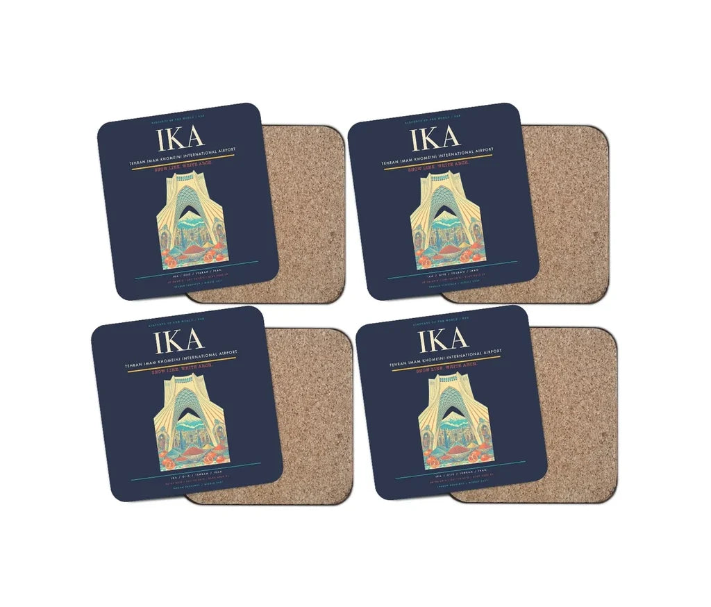 Tehran Imam Khomeini International Airport (IKA) design on navy blue 4 pieces set coaster