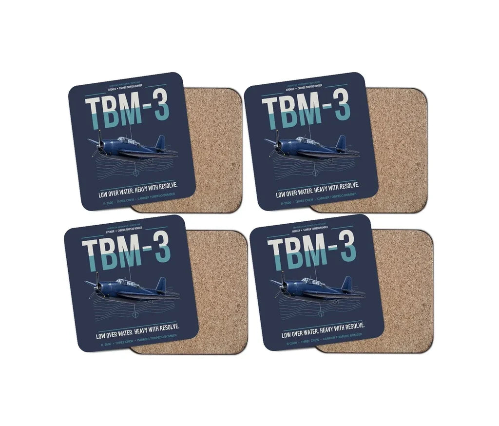 TBM-3 Avenger design on navy blue 4 pieces set coaster