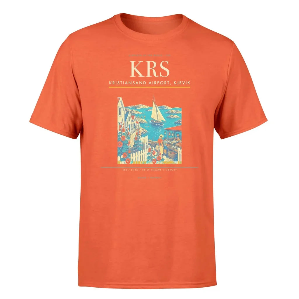 Kristiansand Airport, Kjevik (KRS) T-Shirt single-side front print in Orange | kristiansand-airport-kjevik-krs-double-side-t-shirt