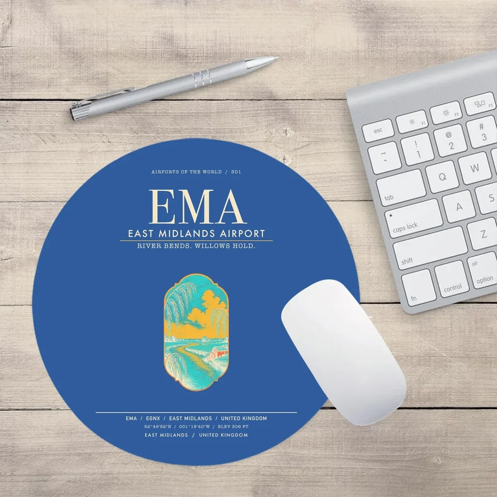 East Midlands Airport (EMA) design on blue round mouse pad