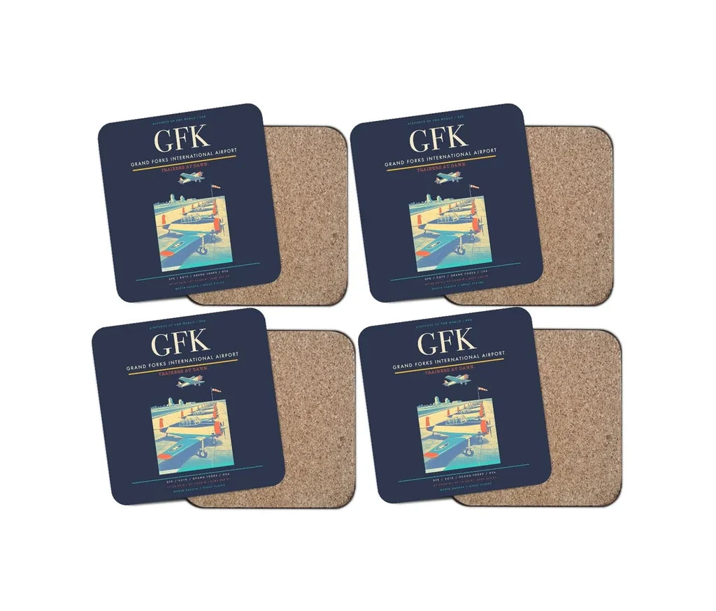 Grand Forks International Airport (GFK) design on navy blue 4 pieces set coaster