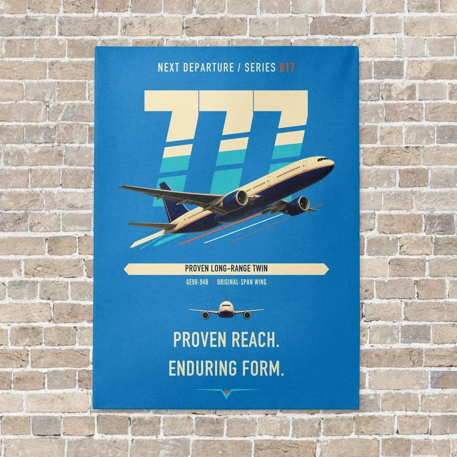 Boeing 777-200ER vertical canvas print - no frame - turquoise background