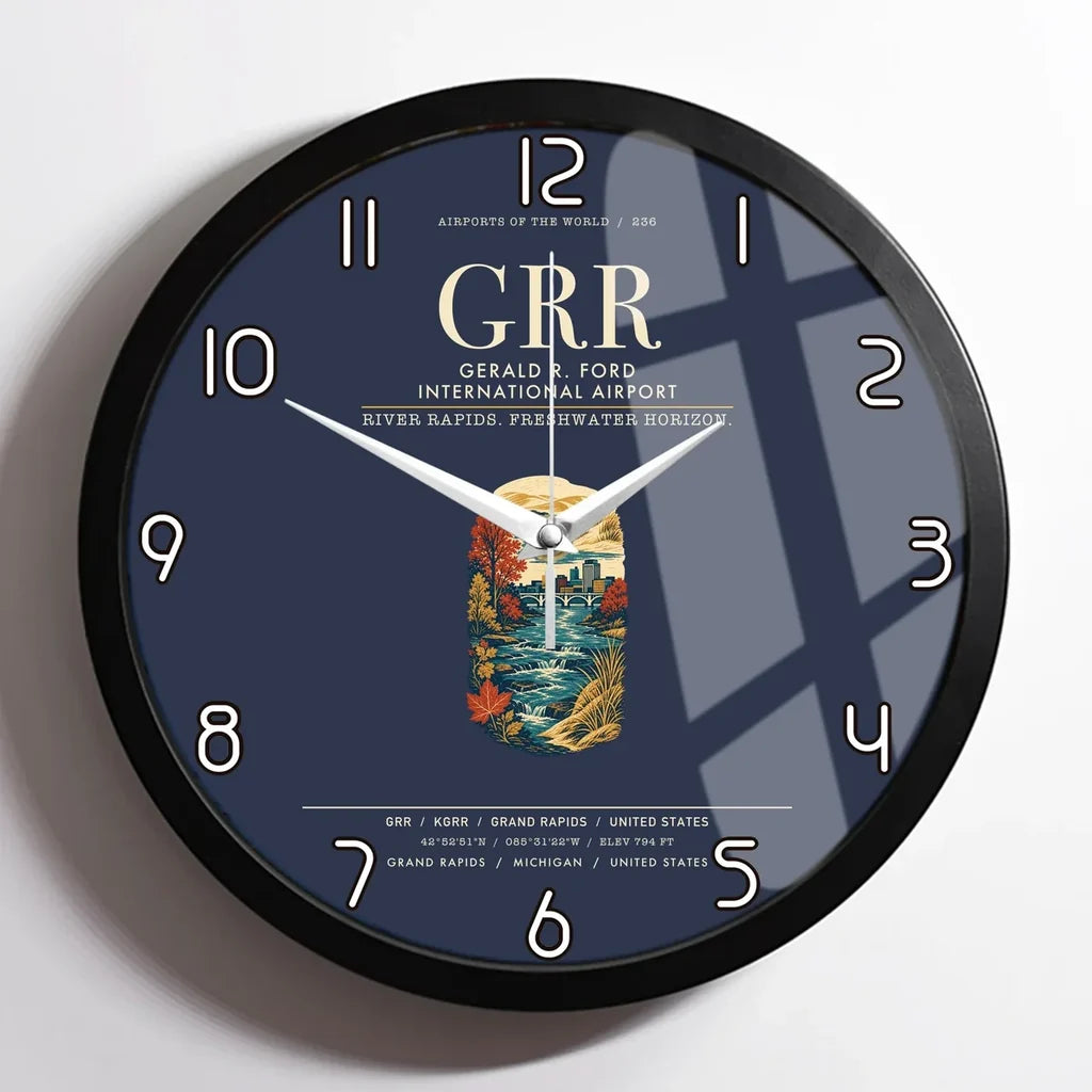 Gerald R. Ford International Airport Grand Rapids (GRR) design on navy blue framed wall clock