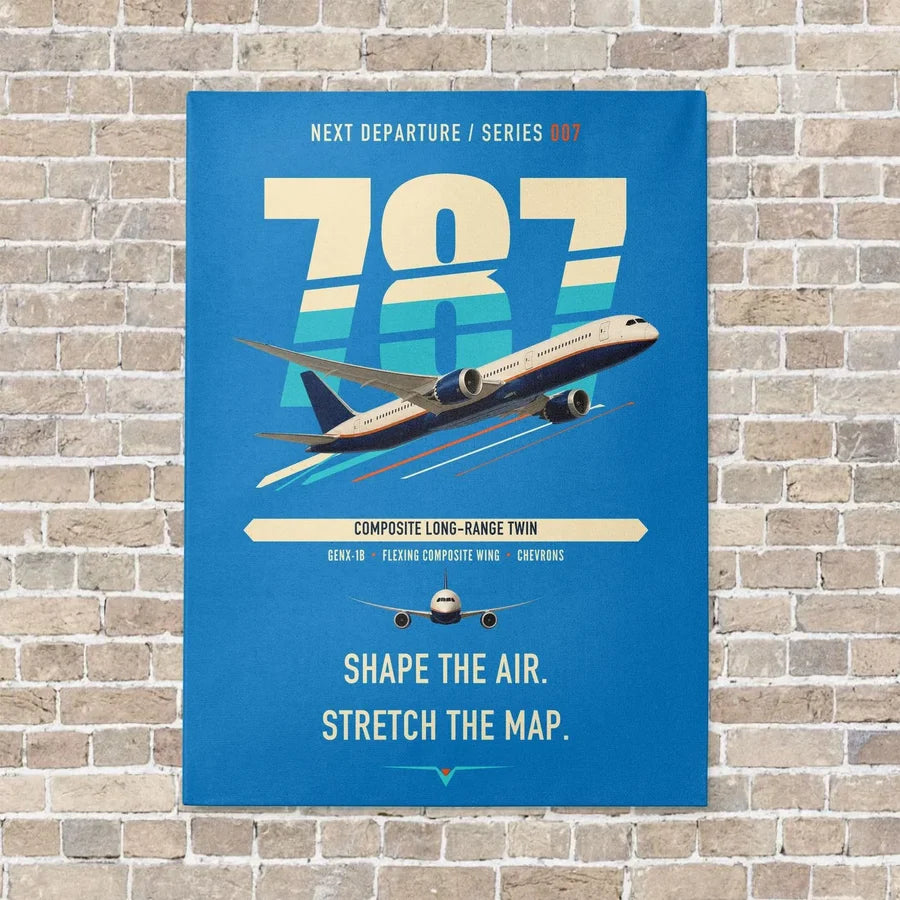 Boeing 787-9 Dreamliner vertical canvas print - no frame - turquoise background