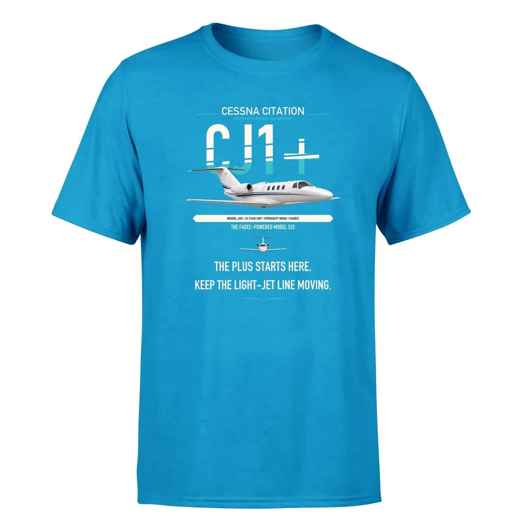Cessna Citation CJ1+ design on turquoise double-side t-shirt, single-side print