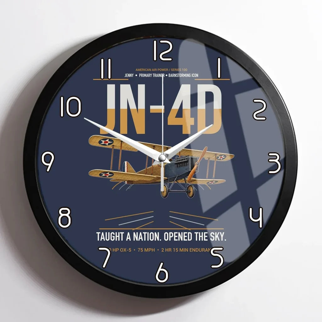 Curtiss JN-4D Jenny design on navy blue framed wall clock