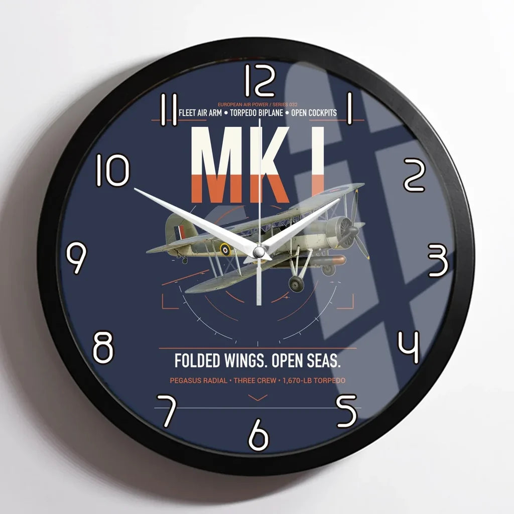 Fairey Swordfish Mk I design on navy blue framed wall clock
