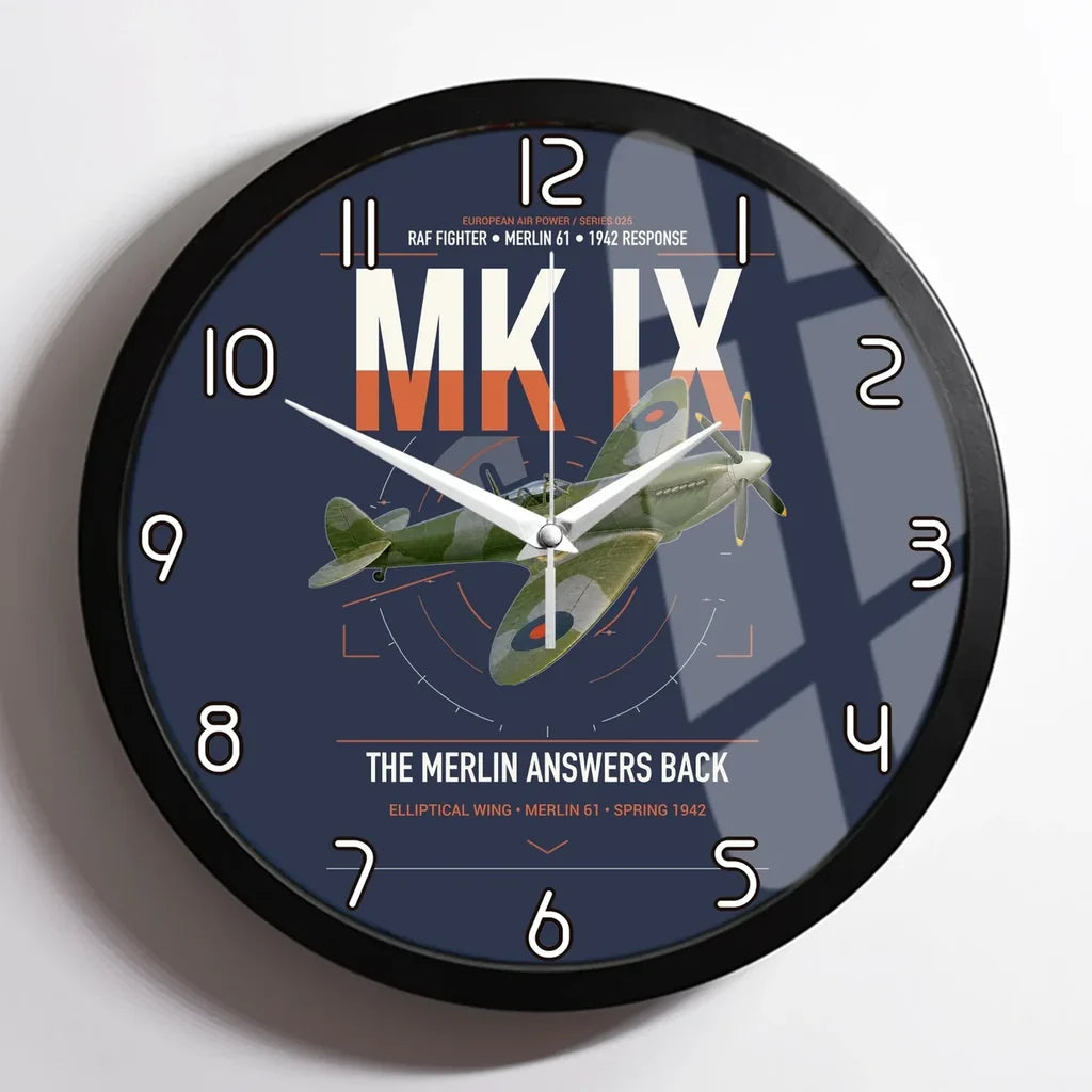 Supermarine Spitfire Mk IX design on navy blue framed wall clock