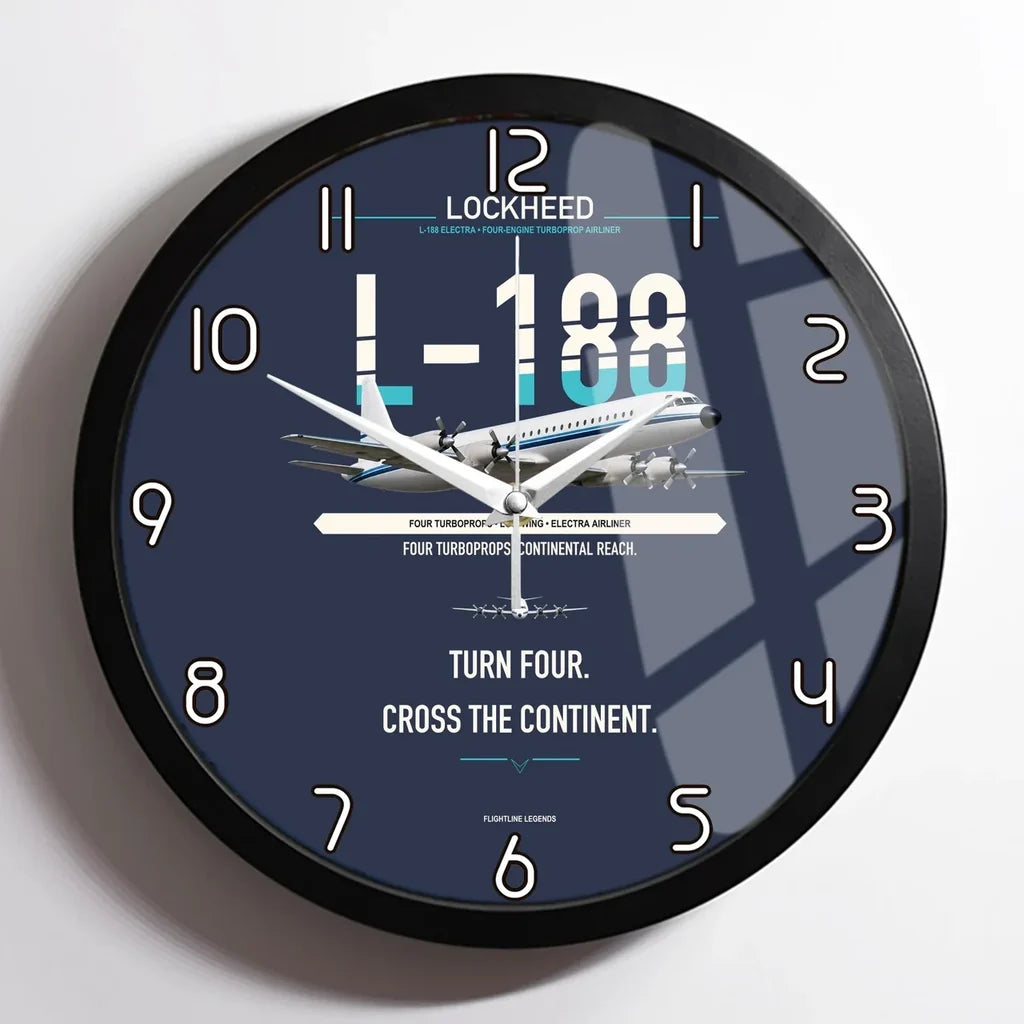 Lockheed L-188 Electra design on navy blue framed wall clock